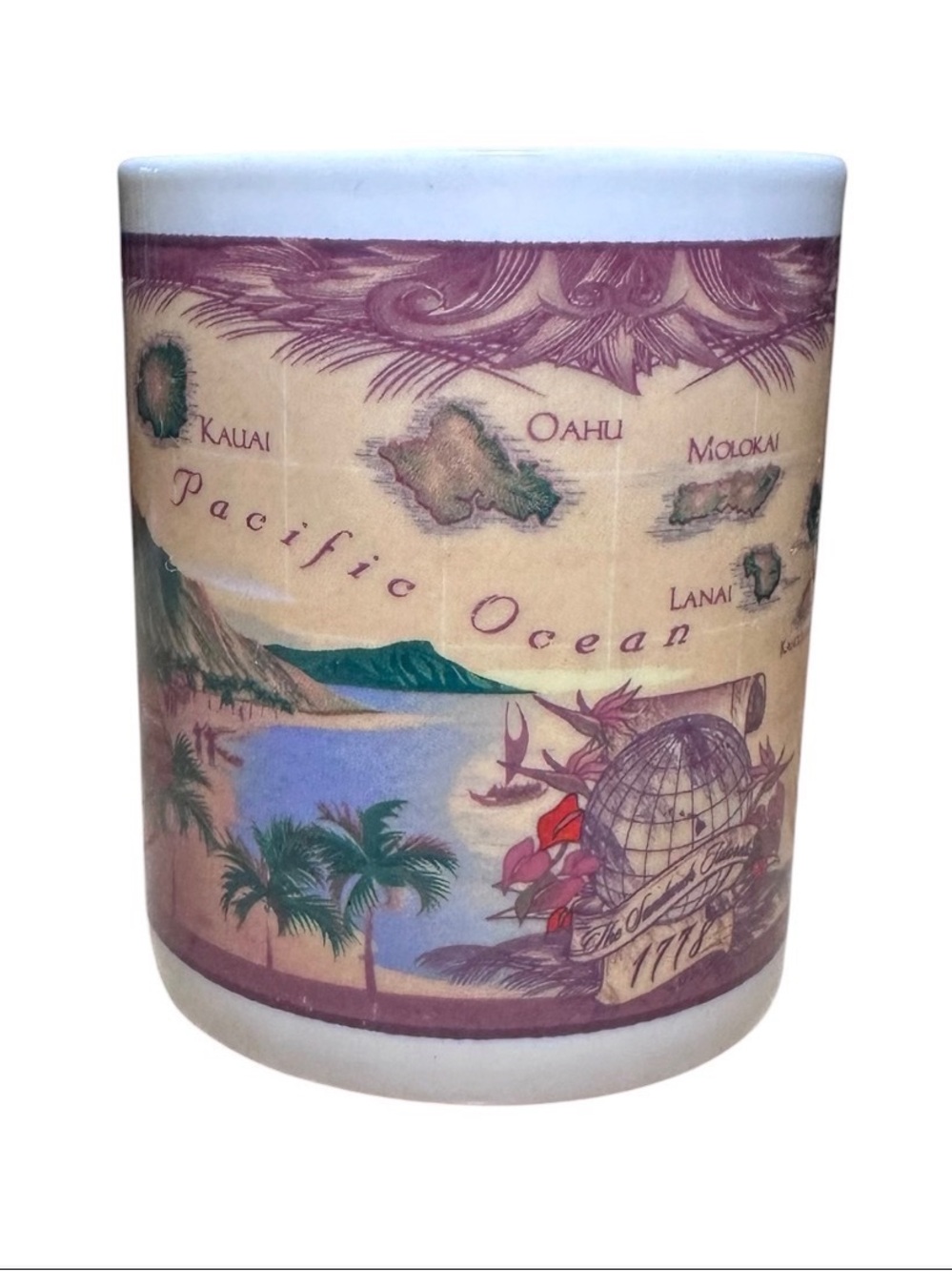 Hawaii Map Ceramic Coffee Mug - White with Beige, Green & Red Design - Picture 2 of 9